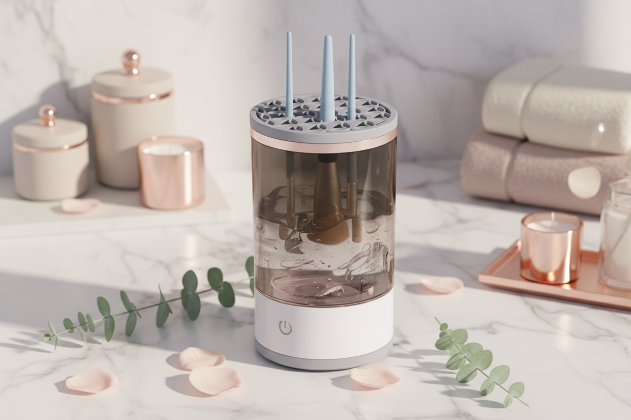 Makeup brush cleaner with feminine background