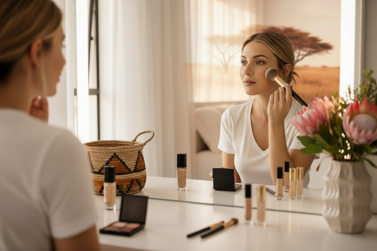 South African woman applying makeup with local elements